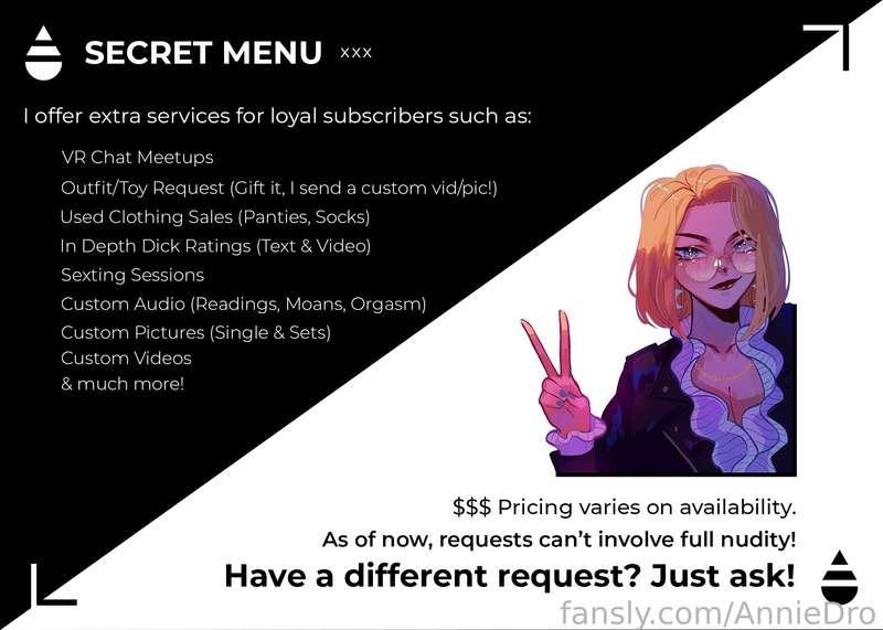Thank you all so much for the massive support of my first set &lt;3

Over the course of the week we've grown to achieve the top 2% of Fansly!! Super excited for the future of making better and hotter content for you :3

Some of you may have already found out about the secret menu, but for those still curious, here it is!