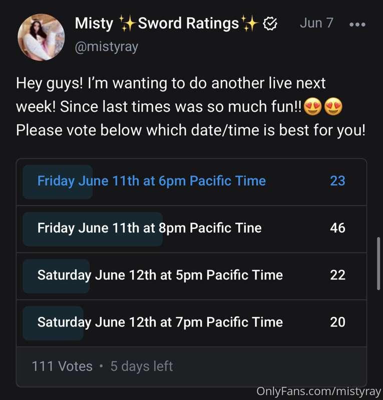 As per my poll results my next live will be 
Friday June 11t..