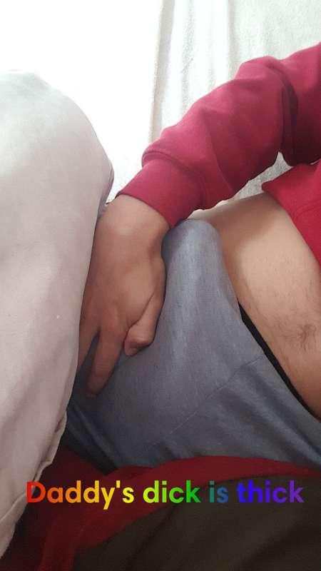 My thick cock bulging through my thin pjs that I wear all th..