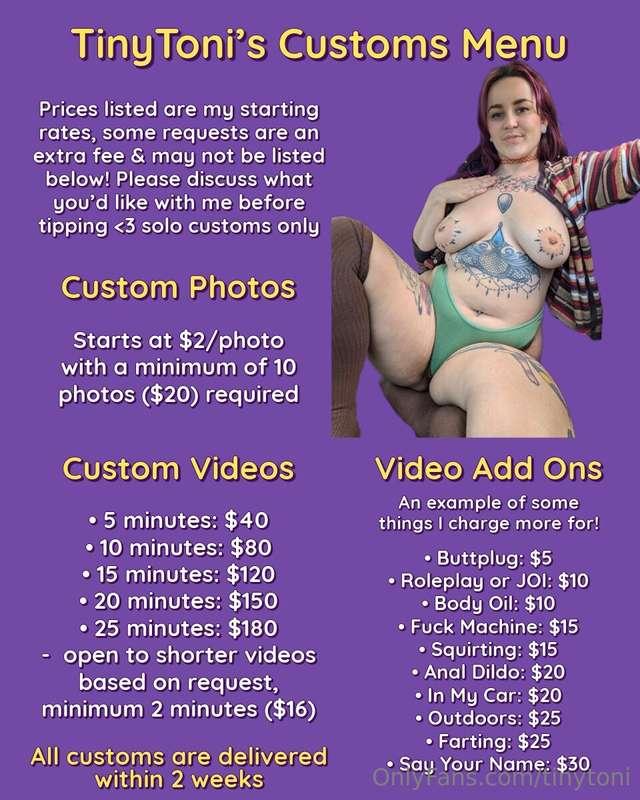 Updated my customs tip menu ~ shoot me a message to discuss ..