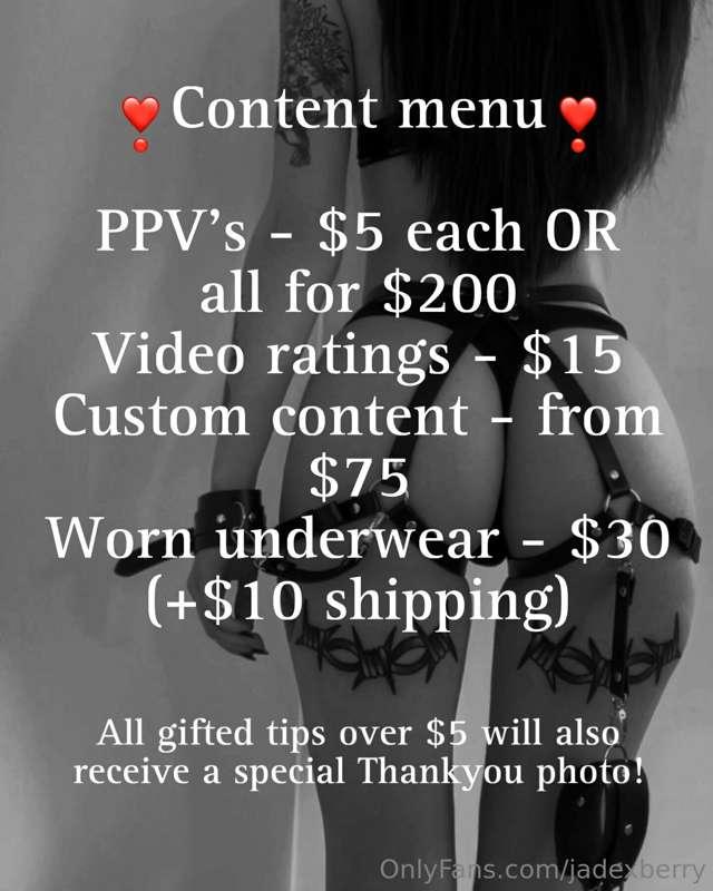 Here’s my anniversary content menu!! 
All tips over $5 will ..