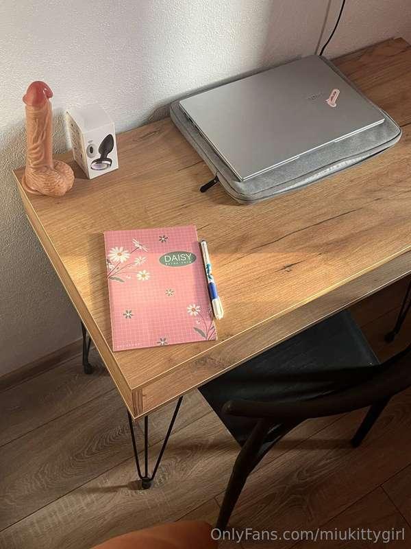 The desk of a slightly perverted student. Am I modest enough..