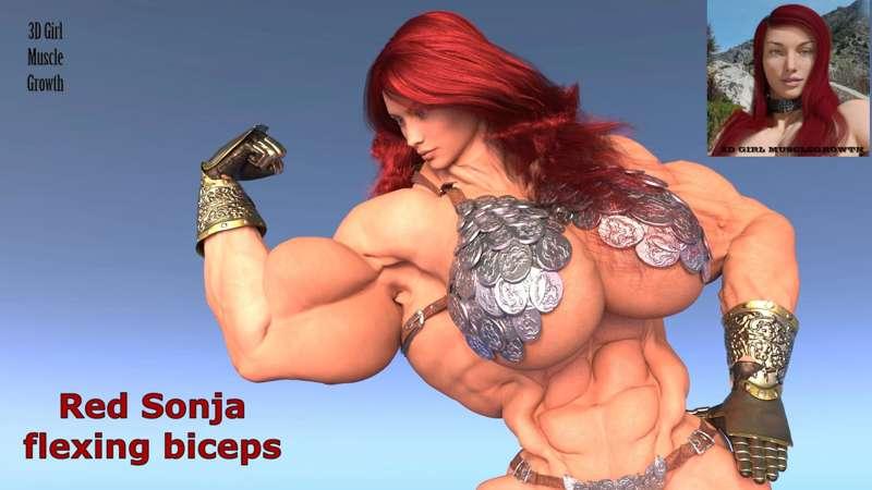 Red Sonja flexing her biceps