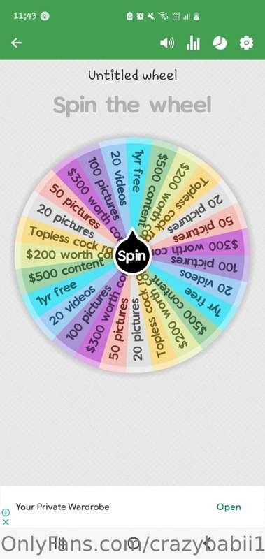 Spin my wheel daddy  Make me wet 💦💦
1 spin $5 
3 spins $10