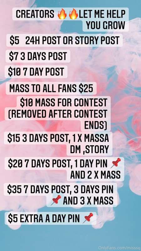 Promo price list!! EXPOSURE TO 5k fans!