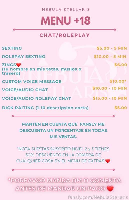 Para dudas sientete libre de comentar!! 
Tengo mas disponibilidad por las noches y fines de semana!
**Sexting NO incluye fotos Irl.**

#lewdtuber #waifu #hentai #sucubo #menu #va #nsfw #dult #findom #femdom #kinks #gamer #vtuber #gamergirl #anime