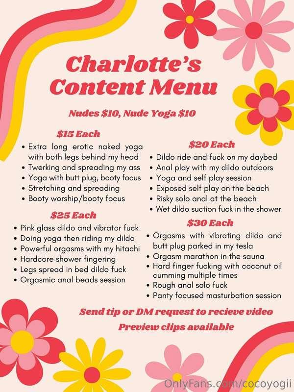 **Content Menu!** Tip or send DM to receive video 💕  $15 Eac..