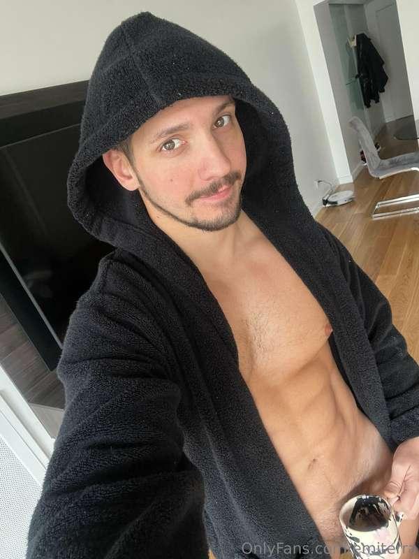 Hood up, robe open… nothing underneath but a cock that’s alr..