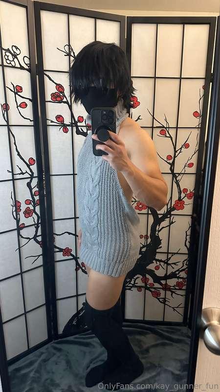 Virgin killer sweater and knitted thigh-highs for warmth 😊 