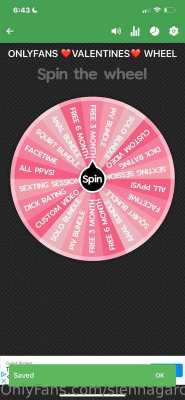 ❤️VALETINES WHEEL!❤️ 

1 spin-$15
2 spins-$20

Win all my PP..