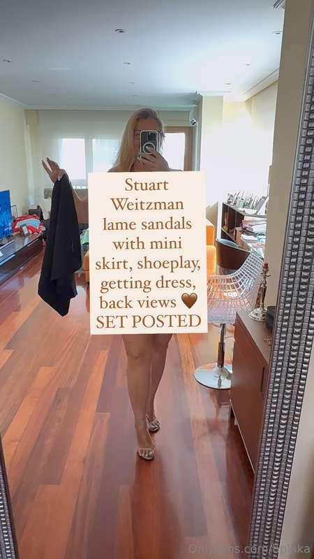 Stuart Weitzman lame sandals with mini skirt, shoeplay, gett..