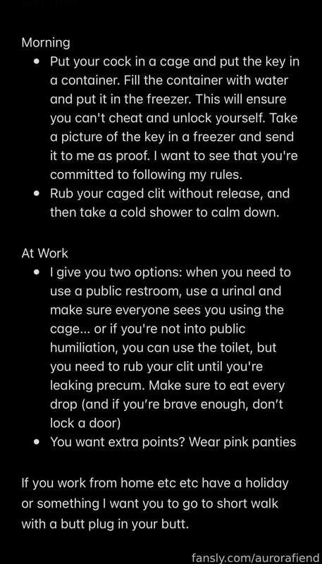 Will you be my caged slut for 24 hours? 🙇‍♂️ You'll need a chastity cage with a key, and be prepared to send me regular picture updates. You may need a butt plug. 
After purchasing this (or being my VIP), you'll receive my text instructions to begin your 24-hour chastity cage challenge. 