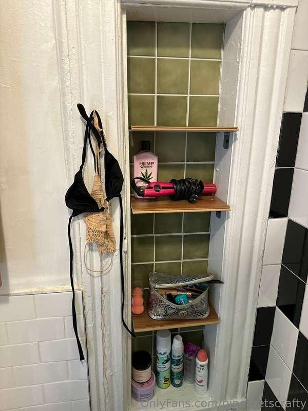 put up some diy green tile backsplash for these shelves in m..