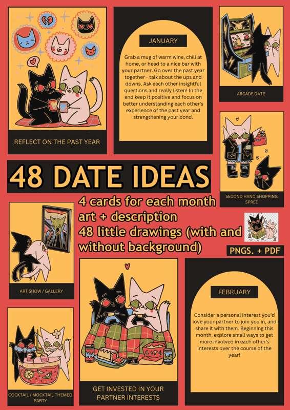 48 DATE IDEAS CARDS WITH CATS (4 for each month)- 48 little drawings with and without background