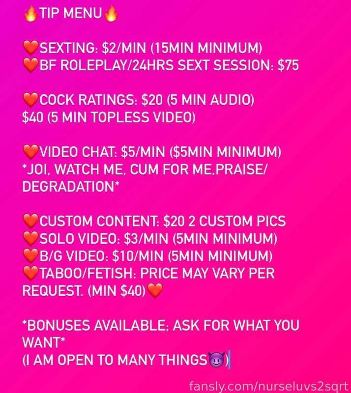 ❤️TIP MENU❤️
Tell me your deepest desires 😈
I’m not scared 😇

*Please send details of what you would like with any tips so I can get to them faster!*🙏🏼
