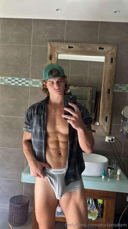 Snapped this quick shirt wide open, abs tight, cock thick an..