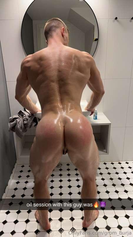Current #2 . My gym bro helped me to oil up after hard worko..