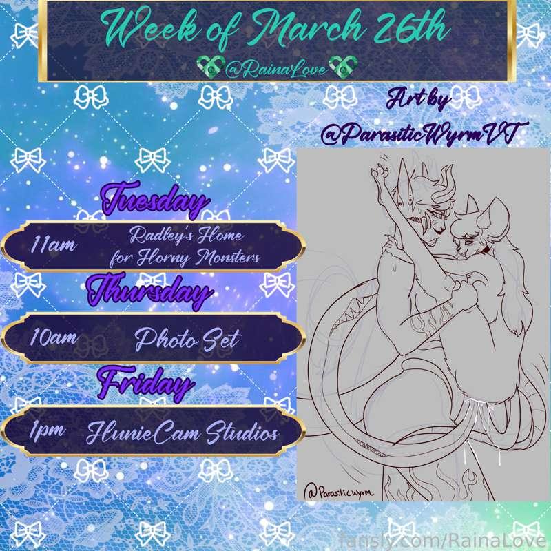 Here's the schedule for the upcoming week~!

We have some more reading of Chapters 7+ Radley's Home, a new photo set for you all to enjoy, and some casual HunieCam Studio to wrap up the week ✨💚✨

#fyp