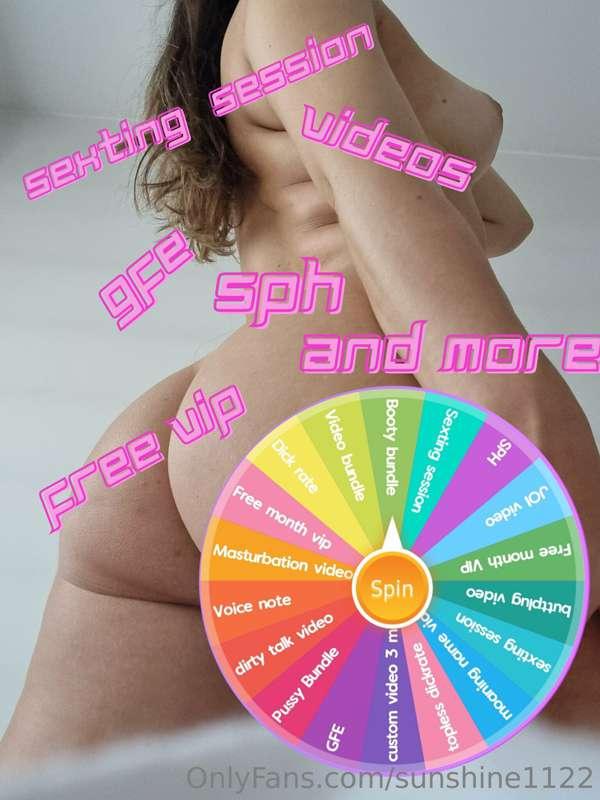 Spin the wheel and let luck choose 🦄💖💖 
1 spin $10 
2 spins ..