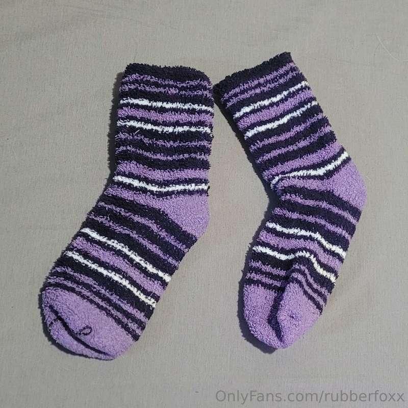 WORN ITEM FOR SALE Fuzzy Socks!Fuzzy socks with black, purpl..