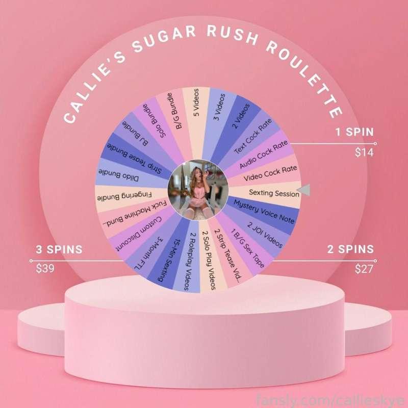 🎡🍧 𝐍𝐄𝐖 𝐒𝐏𝐈𝐍 𝐓𝐇𝐄 𝐖𝐇𝐄𝐄𝐋 🎡🍧

My newest game, 𝙎𝙐𝙂𝘼𝙍 𝙍𝙐𝙎𝙃 𝙍𝙊𝙐𝙇𝙀𝙏𝙏𝙀, is ready! 🌼

✨ 𝟏 𝐒𝐏𝐈𝐍 = $𝟏𝟒
✨ 𝟐 𝐒𝐏𝐈𝐍𝐒 = $𝟐𝟕
✨ 𝟑 𝐒𝐏𝐈𝐍𝐒 = $𝟑𝟗

Give it a whirl — your prize is just a spin away! 

Get a spin here: https://fansly.com/post/780961768867377152