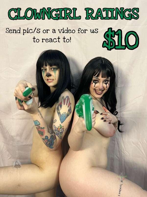 @Blaire_game is cumming over on the 8th April for some more clown shenanigans! 🤡 We aren’t taking custom vid orders but are doing $10 NUDE CLOWNGIRL RATINGS… you can send us pics to rate or a video to react to (vids under 3 mins pls)😈

We always say your name in the video and give honest &amp; detailed ratings that are always a little bit silly 🤪 (upon request, we will also have fun roasting you, e.g. sph) 

Let me know if you’re up for it!🍆👀