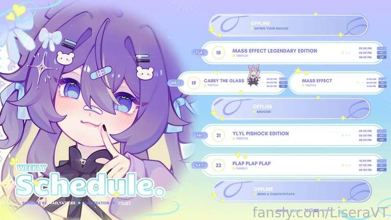 This weeks schedule! I look forward to spending time with you! 💖✨

We finished Mass Effect 1 Tuesday! Today there will be no stream, need to really catch up on some sleep @~@ However I'll see you all again Friday! I'll be doing a "You Laugh You Lose" challenge with the pishock. Join the Discord to enter your submissions before then💕

Fuckmachine stream on Saturday! You know what that means, I'm bringing out the 3dio mic as well. See you then cutie! 💗

♡Twitch: https://twitch.tv/liseravt
♡Youtube: https://www.youtube.com/@liseravt
♡Twitter: https://twitter.com/LiseraVT
♡Discord: https://discord.gg/DqPBTJrCbX 