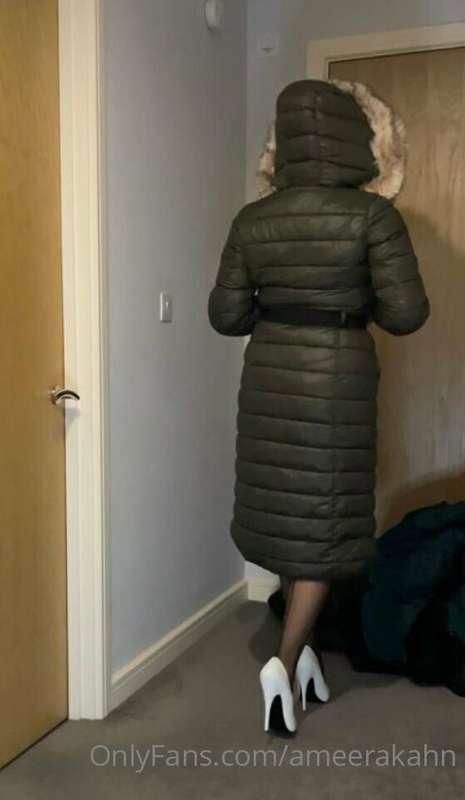 Dirty Indian slut walking in long down jacket and heels xx