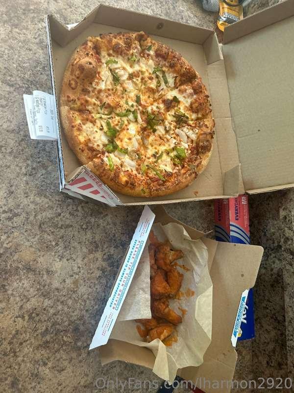 A quick stuffing with two large pizzas and wings