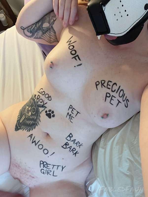 **WRUFF**
I'll bark for you, sir! Just tell me to sit pretty for you...

#fyp #explore #pupplay #alternative #bodywriting #petplay #bitch #praise #perkytits #hood #fabledfaun #goodboy #petplay