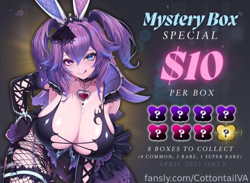 Have you tried your luck at my Mystery Box special yet~? There are 4 photosets and 4 videos to unlock, ranging from common to ultra rare. Latex, face sitting, stretched holes, dick sucking, penetration, cream pies- there's all sorts of goodies waiting to be found 😉 If you ✨𝐓𝐢𝐩 $𝟏𝟎✨ you unlock one random mystery box, and you can tip up to eight times! (don't worry, you won't get any duplicates haha). will you collect all 8? good luck, darling~

I've been a bit busy with convention stuff today, so if I haven't replied to your DMs yet, don't worry I will soon 🖤 
-----
#vtuber #lewdtuber #cottontailva #mysterybox #april

