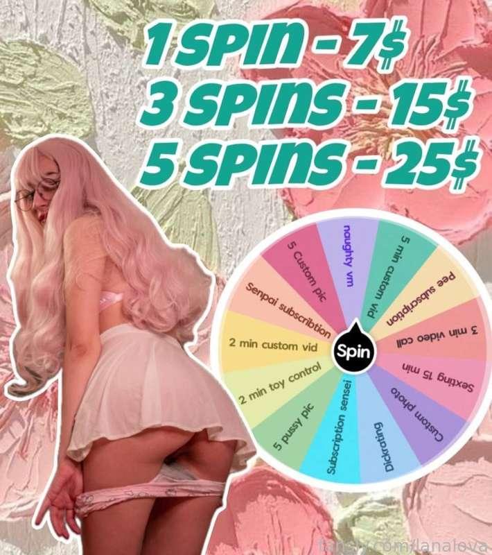 hey my sweet potatoes!^^ it’s time to take your chances with fortune wheel!! 🍡
let’s spin this wheel to win a lot of special and interesting prizes!^^ custom videos, dick rating and smth else is waiting for you here 👼🏼
Btw, prizes can’t be duplicated :3