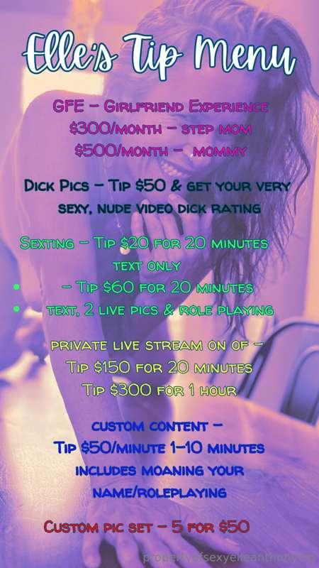 🎀💎 **Elle’s TIP Menu/Services** 💎🎀

❤️ ***GFE Girlfriend Exp..