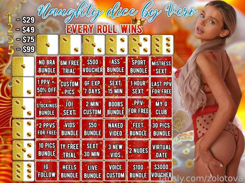 🔥🎲 𝐌𝐘 𝐍𝐀𝐔𝐆𝐇𝐓𝐘 𝐆𝐀𝐌𝐄 𝐎𝐅 𝐃𝐈𝐂𝐄  🎲🔥
I want to spend some naughty time with you 💓

🎲 𝟏 𝐑𝐎𝐋𝐋 - $𝟐𝟗
🎲 𝟐 𝐑𝐎𝐋𝐋𝐒 - $𝟒𝟗
🎲 𝟑 𝐑𝐎𝐋𝐋𝐒 - $𝟕𝟓
🎲 𝟓 𝐑𝐎𝐋𝐋𝐒 - $𝟗𝟗

Roll the dice and try to get the right combination 🎲💦 
Test your luck, I guarantee it will be fun 😈😈😈