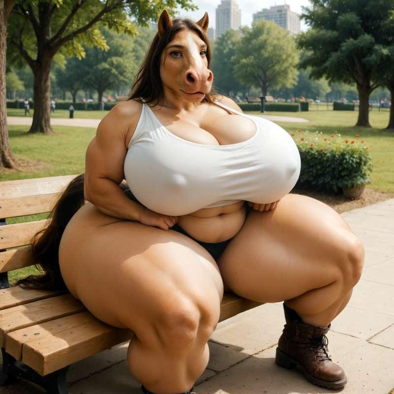Thick Horse Girl Sitting on a Bench
