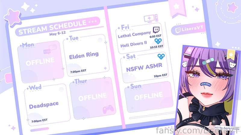 New schedule with Fridays being my double stream days! Looking forward to spending time with you guys 💕~

♡Twitch: https://twitch.tv/liseravt
♡Twitter: https://twitter.com/LiseraVT
♡Discord: https://discord.com/invite/JjtuxR9d9q
♡All links: https://lisera.carrd.co