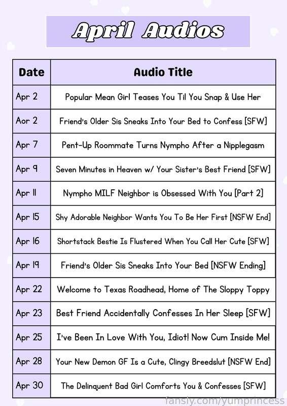 APRIL AUDIO SCHEDULE!!!! 💦🌸

april is when the showers cum to make the flowers right?? well lock in cause this month is lookin kinda stacked 😎

NOTE: this doesn't even include the fansly exclusives, featuring my first asmr ear licking audio, squirting with the 3dio ramblefap, and moreeee~ [yumlover+ tiers only!]

p.s. YUMLOVER SUBS ARE ON SALE NOW THROUGH FRIDAY!!!

#audio #asmr #roleplay #hentai