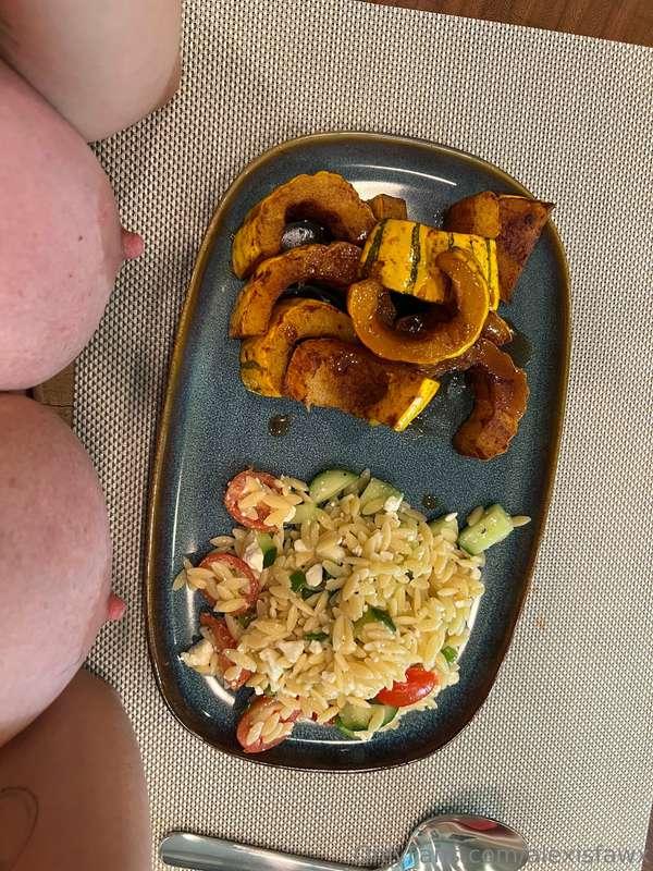 Happy Titty Tuesday with Squash roasted with cinnamon, brown..
