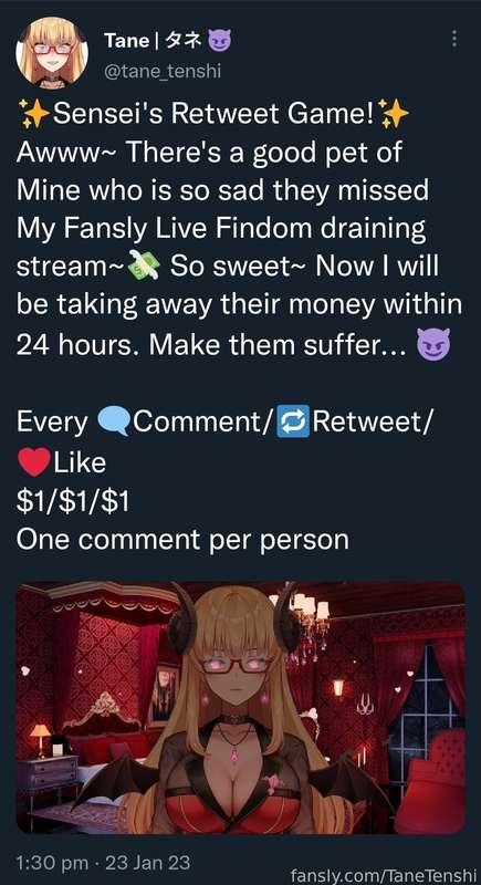 Be a good pet~ Like, Retweet, and Comment on My latest retweet game! I am in the mood for chaos 💋💕

https://twitter.com/tane_tenshi/status/1617590613112651790?t=VEop_ETPlBoIQ_fSUfIHLQ&amp;s=19
*~*~*~*~*~*~*~*~*
#Vtuber #Anime #Domme #Mommy #Teacher #Goddess #Findom #Succubus