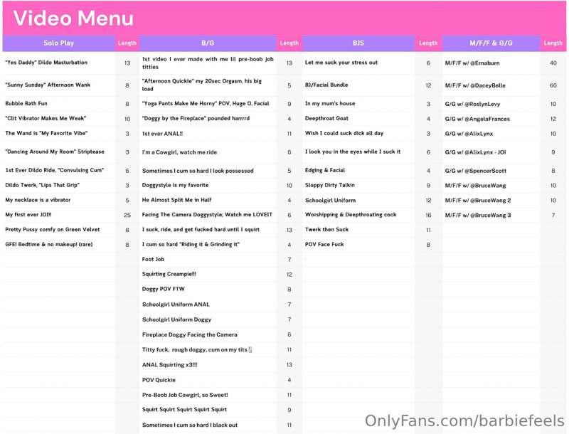Here's my video menu! Message me what you'd like to see 😘💋