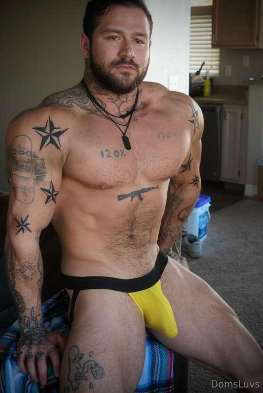 I just like to show off my hard cock in a yellow jock covere..