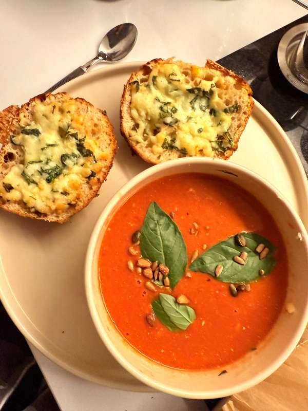 light dinner today, pepper and tomato soup with garlic butte..