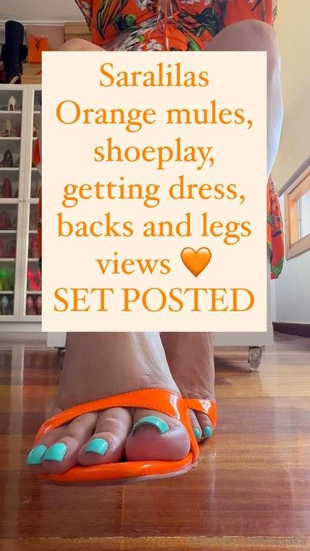 Saralilas Orange mules, shoeplay, getting dress, backs and l..