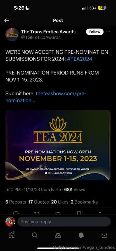 CAN YALL NOMINATE ME FOR THE TEA SHOW AWARD OMG I WILL LOVE ..