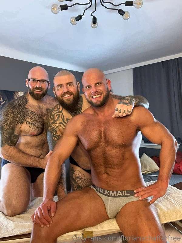 Three giants flexing muscles in the shower and then jerking ..