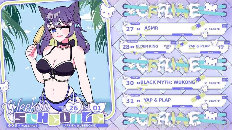 This weeks schedule! 💜✨ 

I'll be on Twitch with some ASMR, Elden Ring and playing Black Myth: Wukong for the first time! 

See you cute degens on here Wed &amp; Sat!!! Saturday may be an edging punishment stream we'll see hehe &lt;3

♡Twitch: https://twitch.tv/liseravt
♡Youtube: https://www.youtube.com/@liseravt
♡Twitter: https://twitter.com/LiseraVT
♡Discord: https://discord.com/invite/JjtuxR9d9q
♡All links: https://lisera.carrd.co