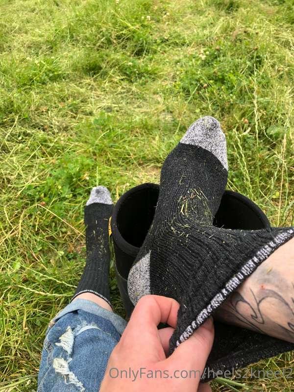 Farm chores complete: dirty, sweaty, hot, wool blend socks a..