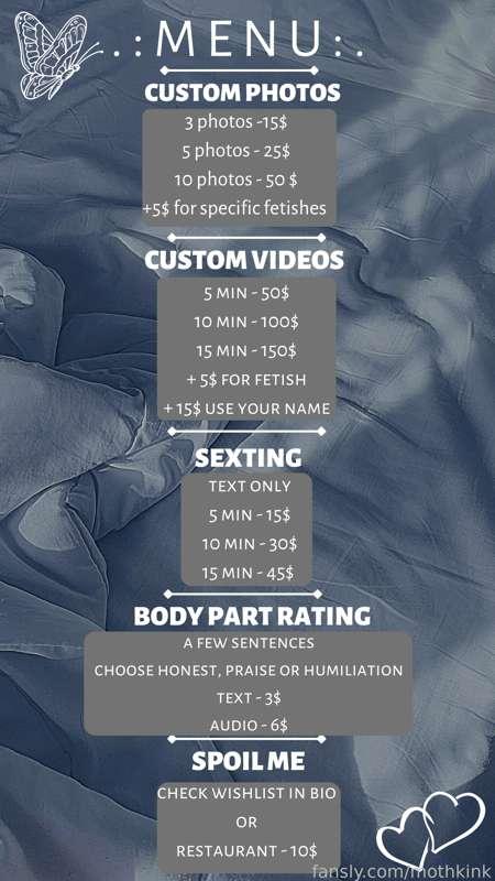 Here's my menu for anyone who'd like custom content/sexting/rates/etc from me~ DM for details!