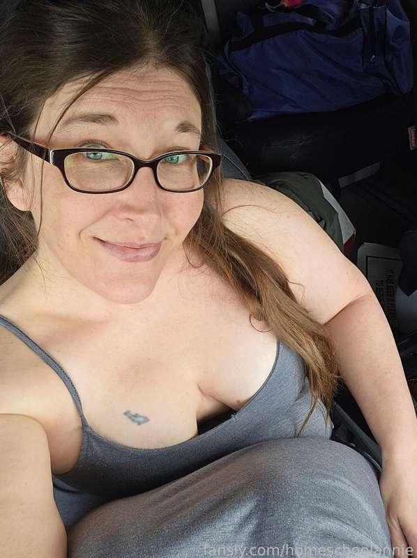 What kind of activities should I do while riding in the van? 

#cleavage #milf #hotwife #roadtrip #car #glasses