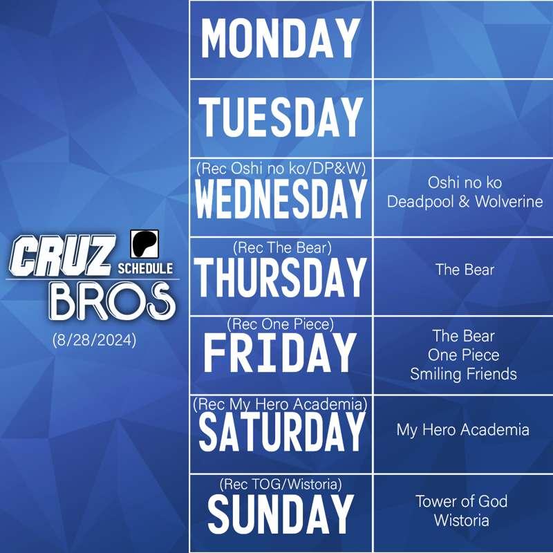 Cruz Bros Weekly Patreon Schedule (8/28/2024)